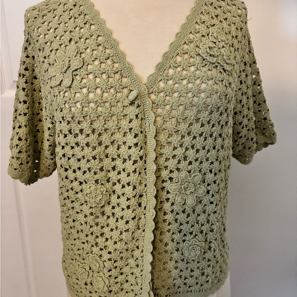 April Cornell Crochet Cardigan in Olive Green